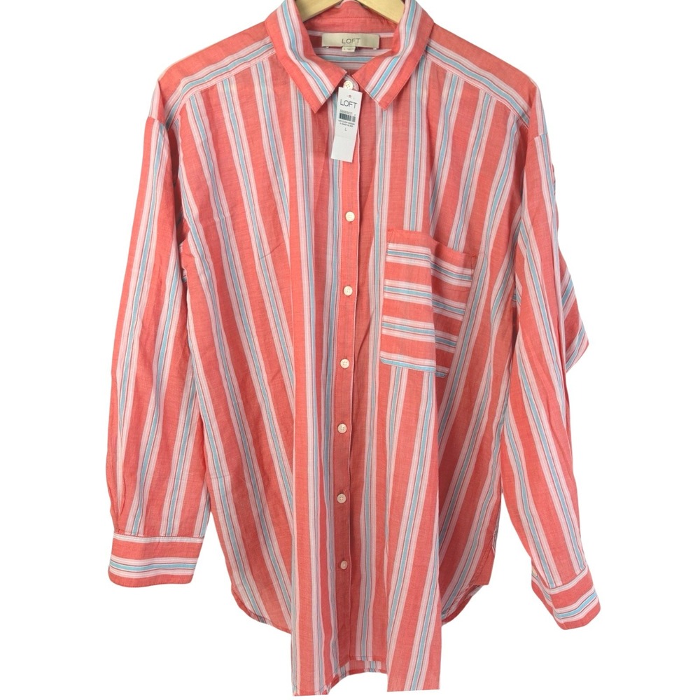 LOFT Coral Striped Button Up Shirt Womens Large NWT Cotton Coastal Preppy